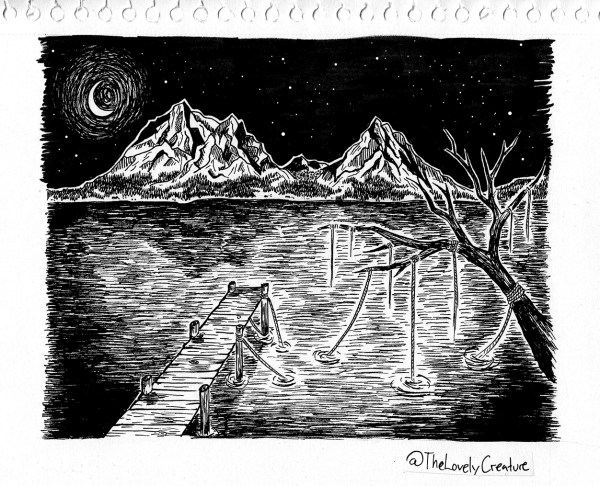 illustration af bjerge reflekteret i en sø om natten