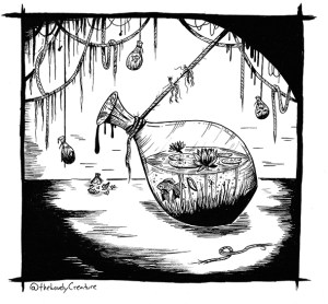 illustration af guldfisk i flaske og åkander