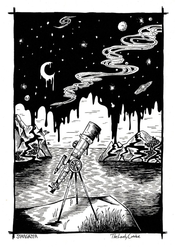 surreal illustration of telescope and liquid night sky