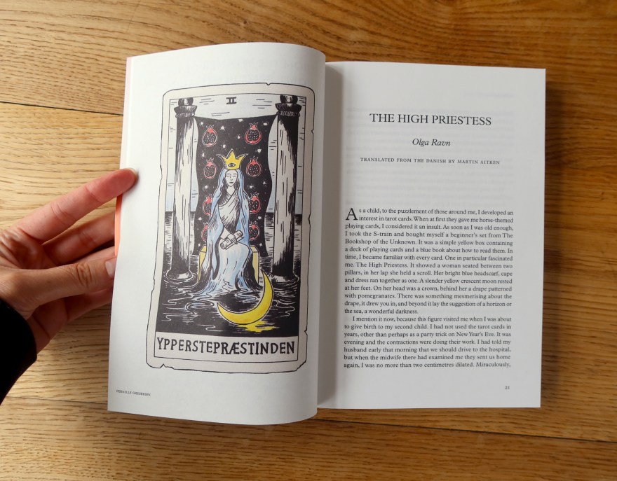Granta Magazine no. 175 Scandinavia, opened on page 21. Olga Ravns short story The High Priestess. Illustration of the tarot card by Pernille Gregersen.